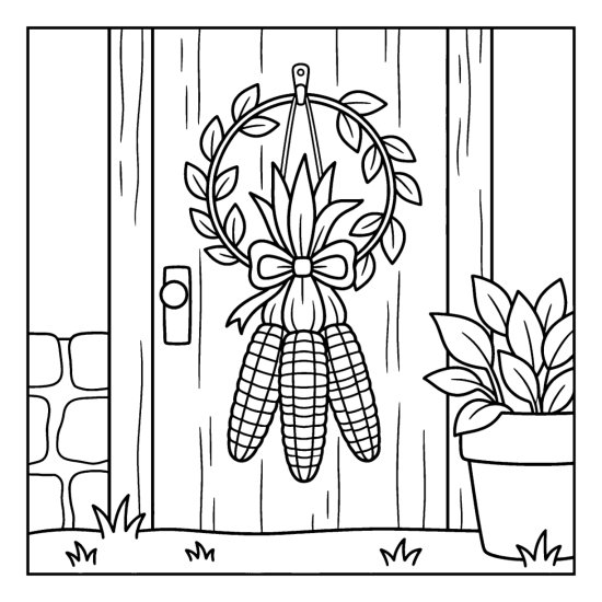 A front door displays a hanging corn bundle beside a potted plant, coloring page