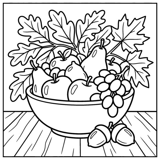 A wide bowl heaped with apples and grapes sits among large maple leaves, bold and easy