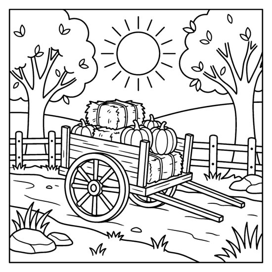 A wooden wagon loaded with pumpkins and hay rolls past a fence under the sun, coloring sheet