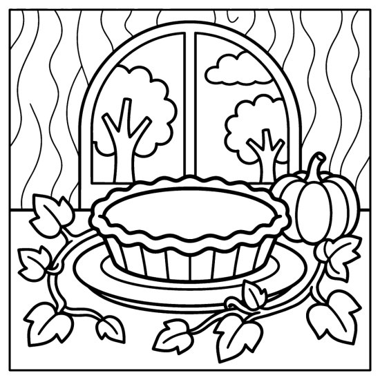 A whole pie rests on a table before an arched window with a pumpkin, coloring sheet