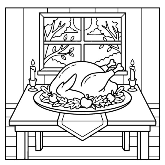 A roast turkey on a platter anchors a candlelit table before a window, bold and easy