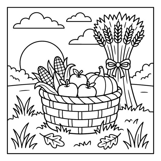 A wooden basket brims with corn and apples beside a wheat sheaf on grass, bold and easy