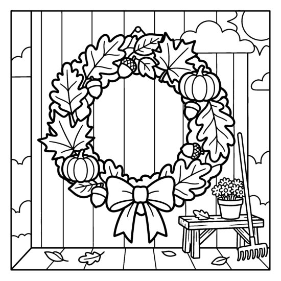 A round autumn wreath of leaves and berries hangs on a plank wall above a stool, coloring page
