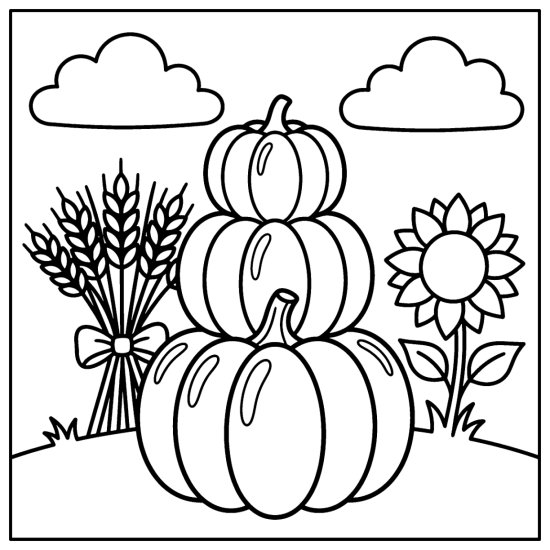 Three pumpkins stacked in a tower stand between a wheat bundle and a sunflower, bold and easy