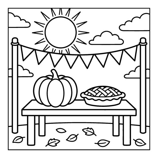 A pumpkin and a pie sit on an outdoor table under a bunting banner and sun, coloring sheet