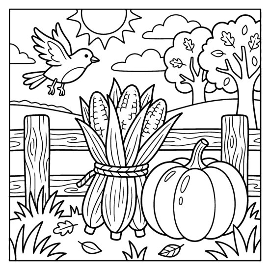 Bundled corn stalks and a pumpkin lean on a fence as a small bird flies past, bold and easy