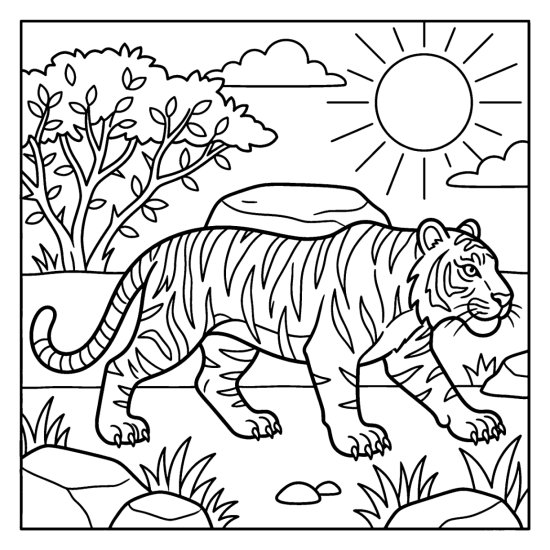Striped tiger crouching low and stalking across the open savanna, bold and easy
