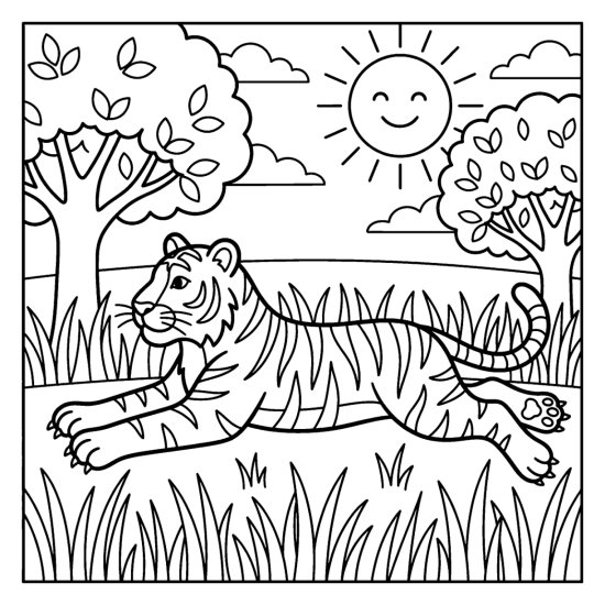 Tiger lying stretched out in tall grass with legs reaching forward, coloring sheet