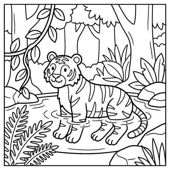 Tiger sitting in a shallow forest pool to cool off, bold and easy