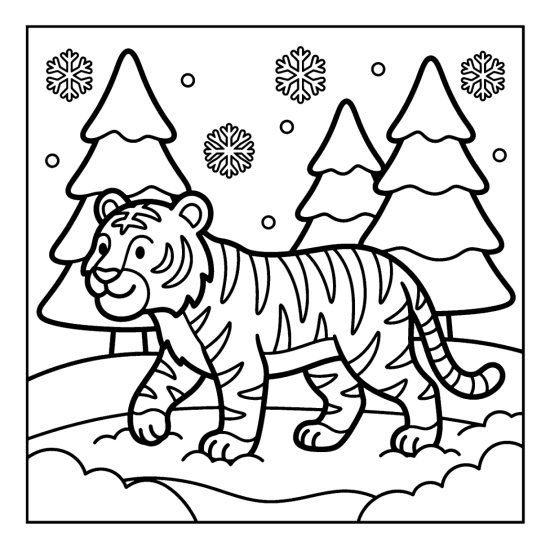 Tiger walking through soft snow between pine trees, coloring page