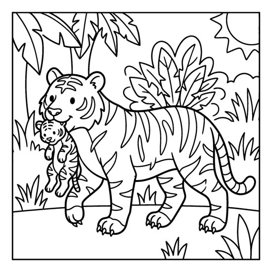 Mother tiger carrying a tiny cub by the scruff in her mouth, coloring sheet