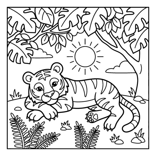 Tiger lounging on its side beneath a big leafy canopy, bold and easy