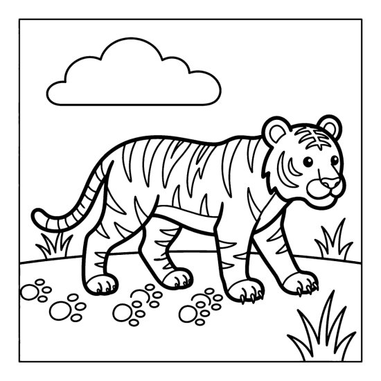 Tiger walking forward leaving a line of round paw prints behind, coloring page