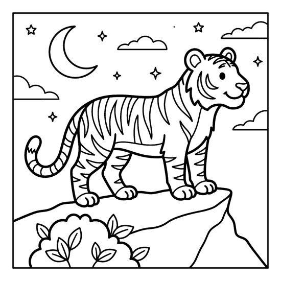 Tiger standing on a quiet ridge beneath a crescent moon and stars, coloring sheet