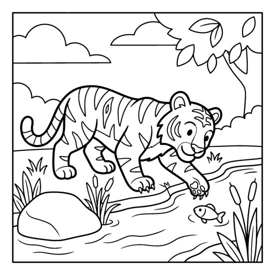 Tiger crouching at a stream reaching one paw toward a little fish, bold and easy