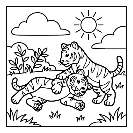 Pair of tiger cubs tumbling and playing together on the grass, coloring page