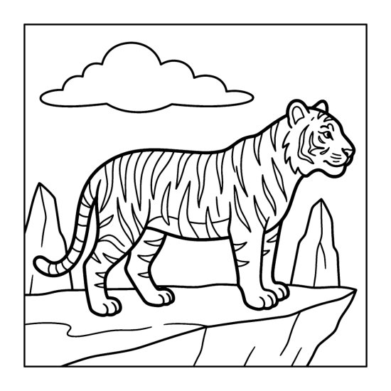 Tiger standing on a rocky mountain ledge looking out, coloring sheet