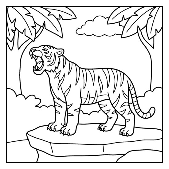 Tiger standing on a flat rock and roaring with its mouth open, coloring page