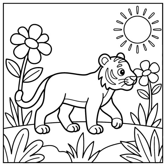 Tiger walking through a meadow of tall blooming flowers, bold and easy