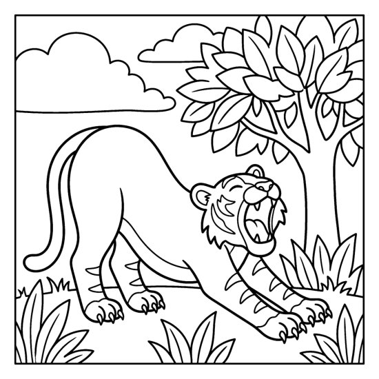 Tiger doing a big yawning stretch with back arched, coloring page