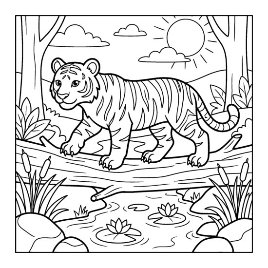 Tiger stepping carefully along a fallen log bridging a stream, coloring sheet