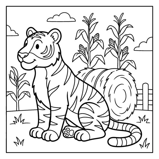 Tiger sitting beside a round hay bale in a harvest field, coloring page