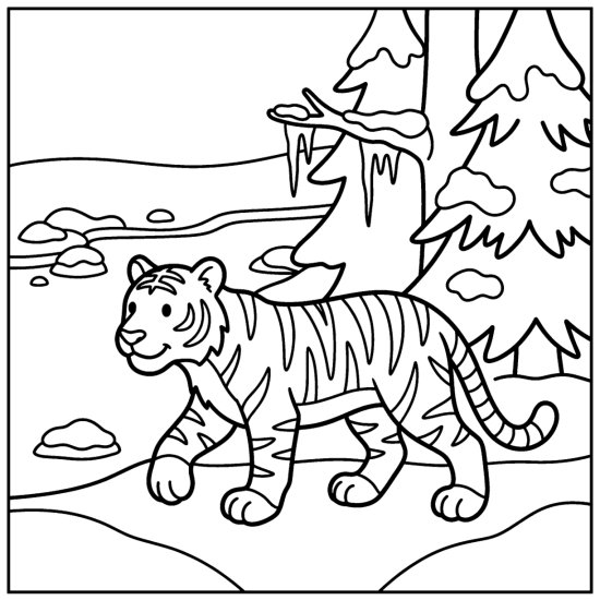 Tiger padding along the edge of a frozen winter stream, coloring sheet