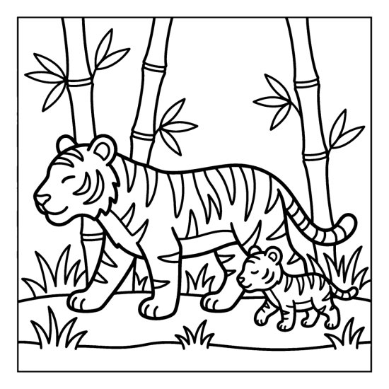 Mother tiger walking through bamboo with a small cub following behind, bold and easy