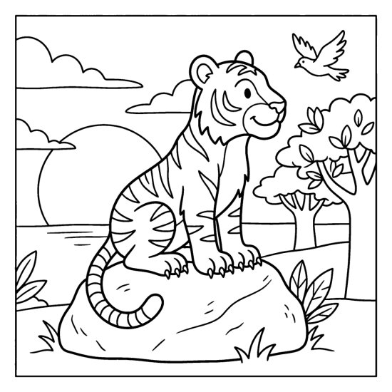Tiger sitting atop a large boulder watching a huge sun set, coloring page