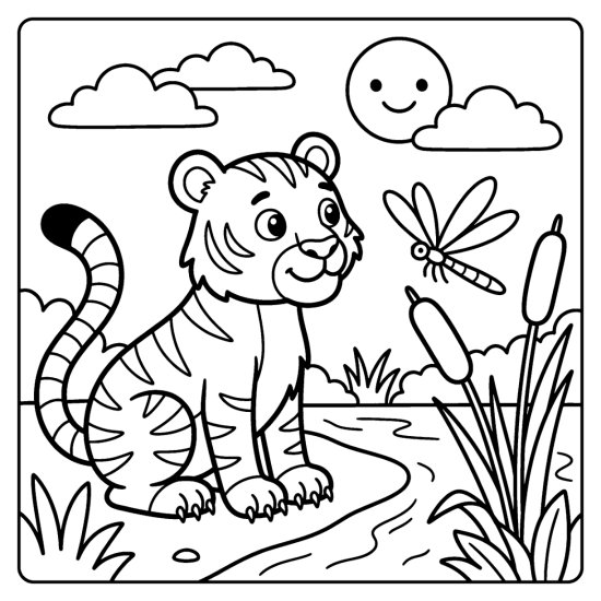 Tiger sitting and watching a slender dragonfly near the reeds, coloring sheet