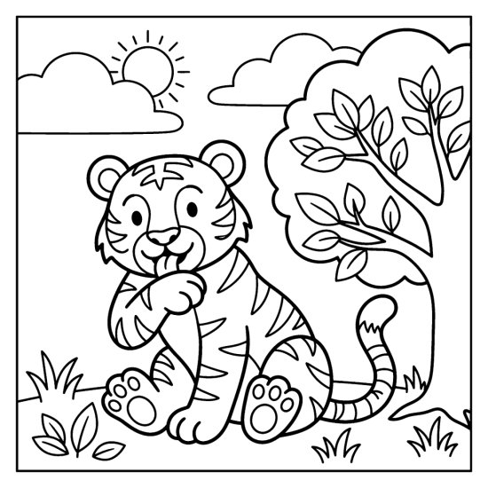Tiger sitting and licking a lifted front paw to groom itself, bold and easy