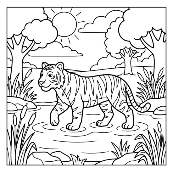 Tiger wading across a shallow clear forest ford with ripples below, coloring sheet