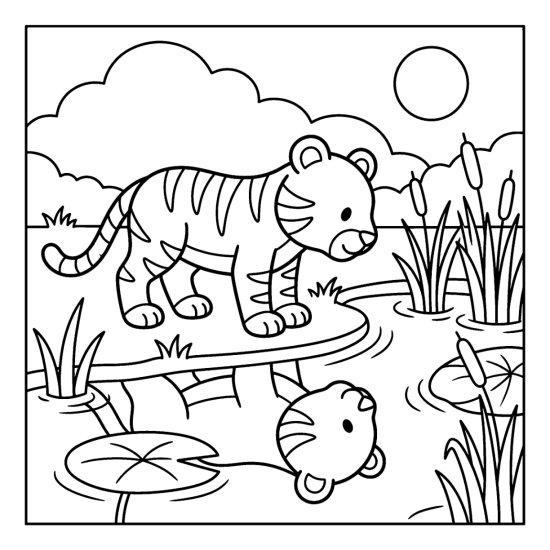 Tiger standing at a still pond gazing at its own reflection, coloring page