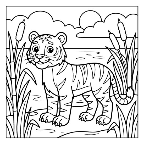 Tiger standing among tall marsh reeds at the water edge, coloring sheet