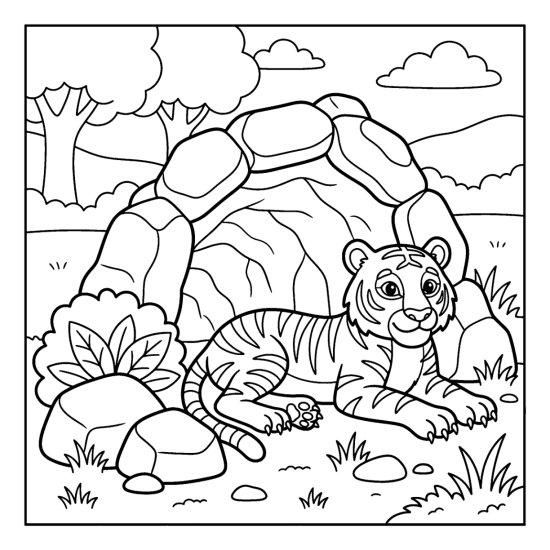 Tiger resting at the mouth of a rocky cave den, bold and easy