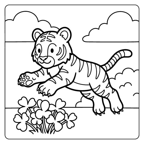Tiger cub mid pounce with its paws spread wide over clover, coloring page