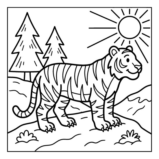 Tiger standing proudly on a snowy mountain slope, coloring sheet