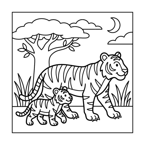 Mother tiger walking with a small striped cub at her side, bold and easy
