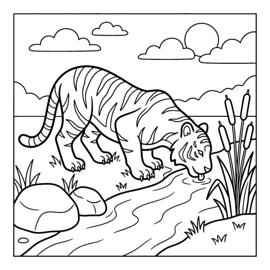 Tiger lapping water at the edge of a stream, coloring page