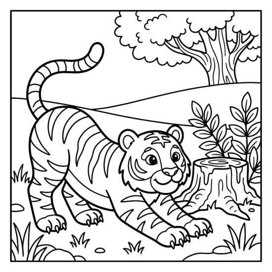 Tiger stretching forward in a playful bow with rump raised, coloring sheet
