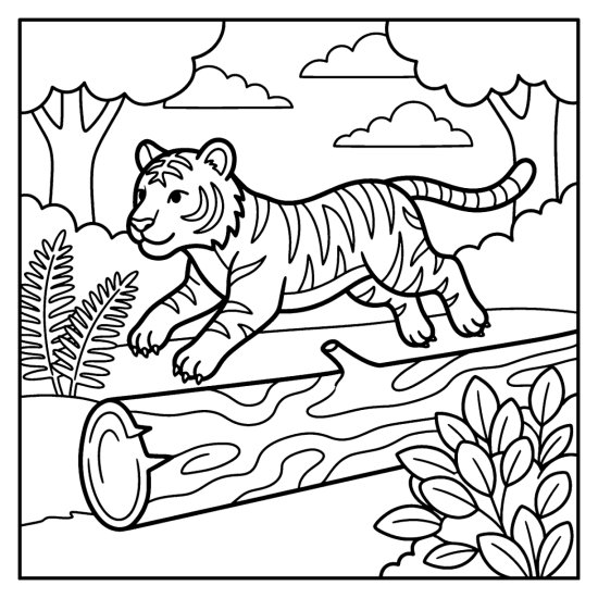 Tiger bounding over a fallen log in mid air, bold and easy