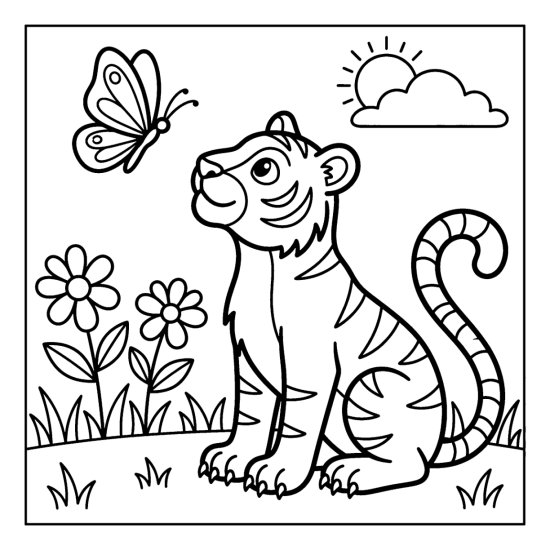 Tiger sitting upright watching a large butterfly float above, coloring page