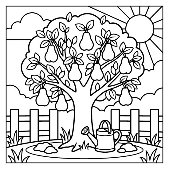 Pear tree heavy with hanging pears beside a watering can and a low fence, coloring page