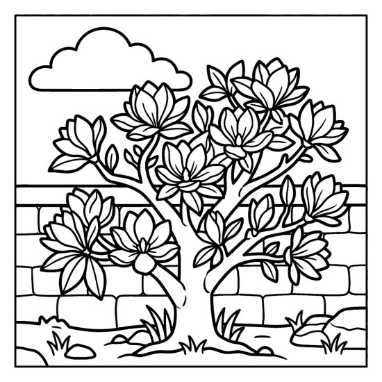 Magnolia tree with large open blossoms above a low garden wall, coloring sheet