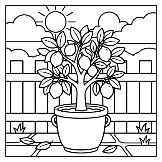 Potted lemon tree with round fruits on a patio behind a slatted fence, coloring page