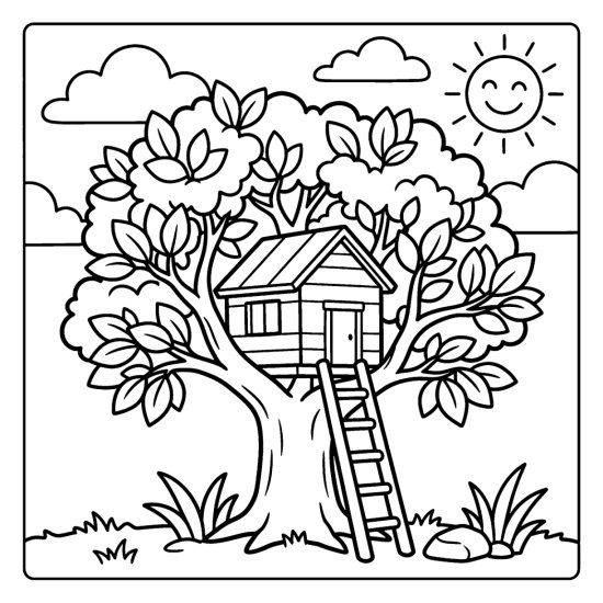 Leafy tree holding a small wooden treehouse with a ladder up the trunk, coloring sheet