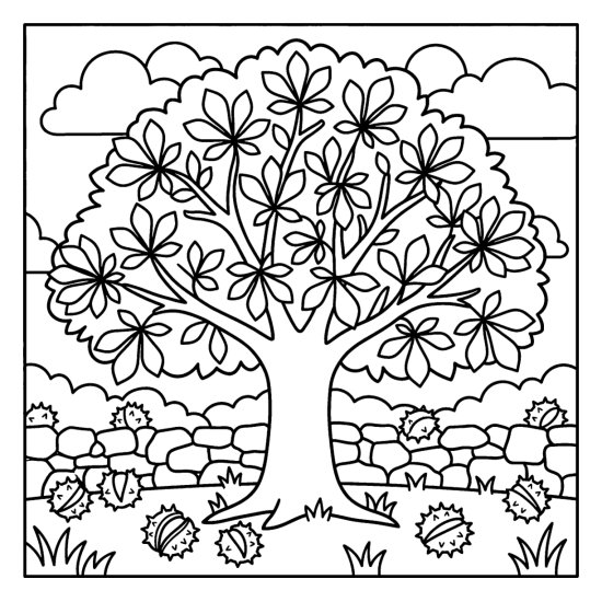 Large chestnut tree with a spreading crown above spiky husks and a stone wall, coloring page