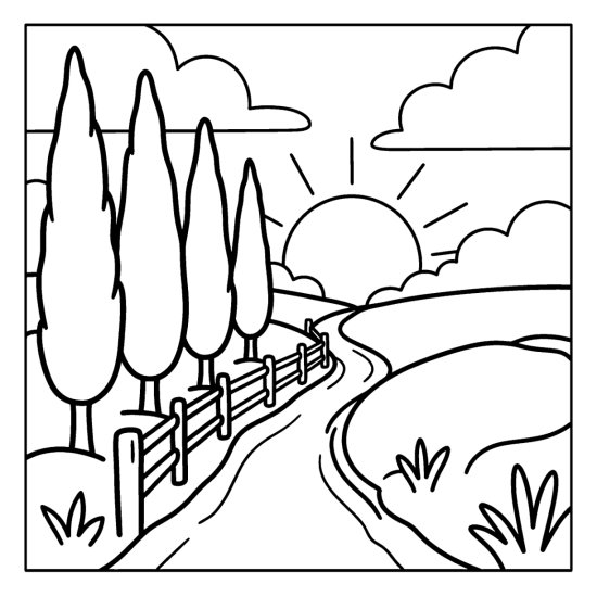 Row of narrow cypress trees lining a country path toward a setting sun, coloring sheet