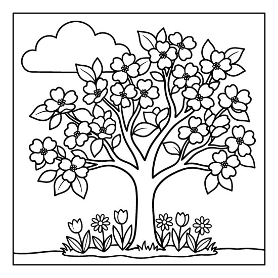 Dogwood tree covered in flat blossoms above a small flower bed, coloring page