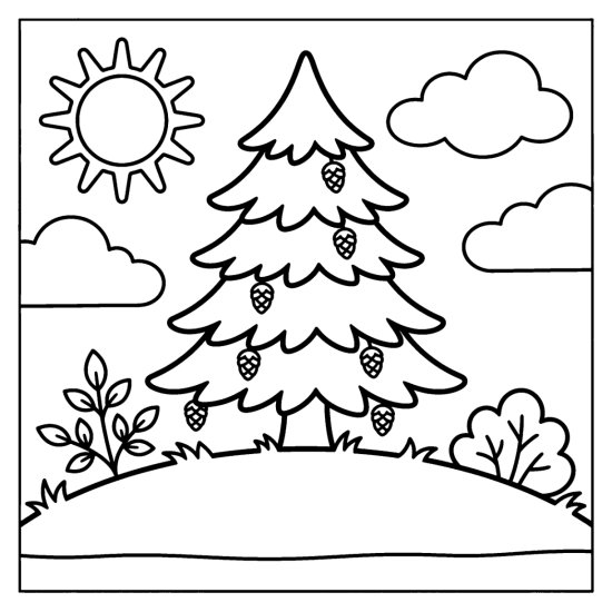 Fir tree with layered branches and hanging pinecones between two bushes, coloring sheet